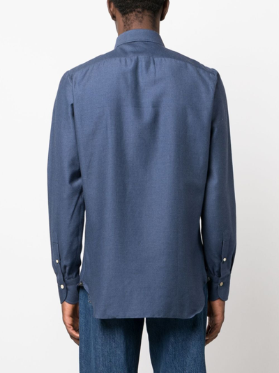 Shop Finamore 1925 Napoli Long-sleeve Cotton-blend Shirt In 蓝色
