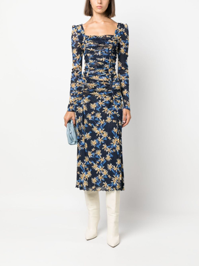 Shop Diane Von Furstenberg Floral-print Ruched Dress In Blue