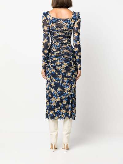 Shop Diane Von Furstenberg Floral-print Ruched Dress In Blue