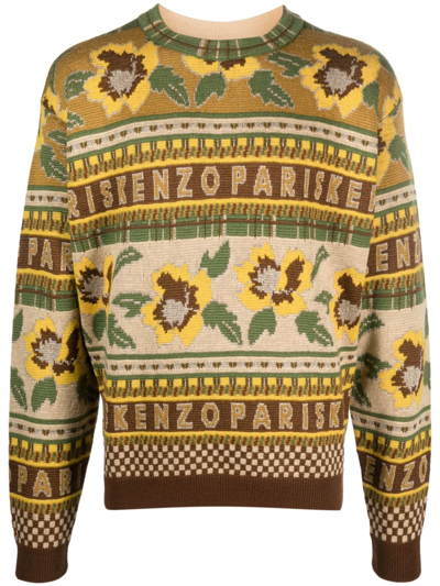 Shop Kenzo Fair Isle Intarsia-knit Crew-neck Jumper In Brown