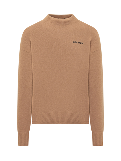 Shop Palm Angels Sweater With Logo In Camel Black