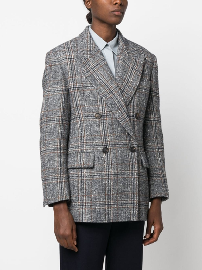 Shop Brunello Cucinelli Prince Of Wales Double-breasted Blazer In Grey