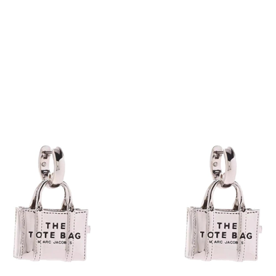 Shop Marc Jacobs Logo Engraved The Tote Bag Earrings In Silver
