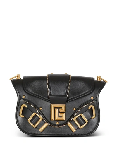 Shop Balmain Mini Shoulder Bag With Logo Plaque In Black