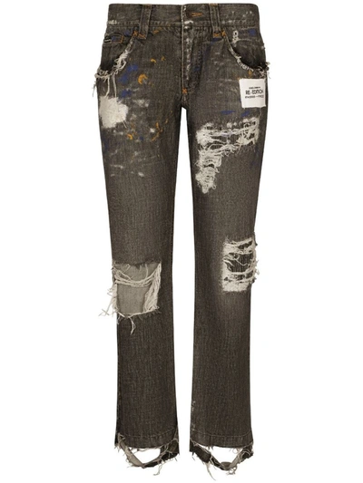 Shop Dolce & Gabbana Ripped Denim Jeans In Grey