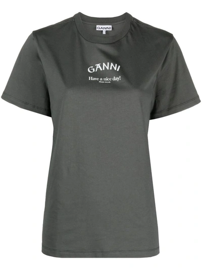 Shop Ganni Logo-print T-shirt In Grey