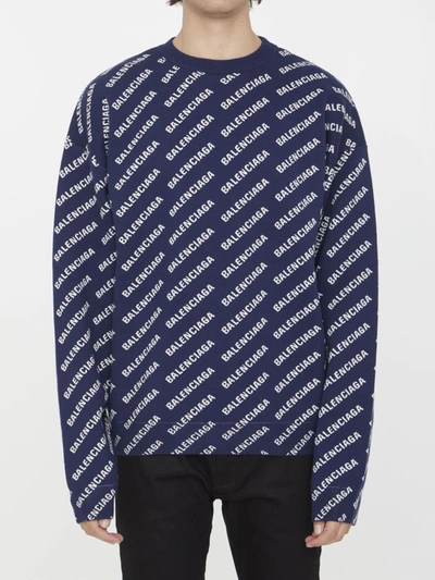 Shop Balenciaga Mini Allover Logo Sweater In Blue