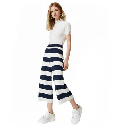 Shop Twinset White And Blue Cropped Striped Trousers