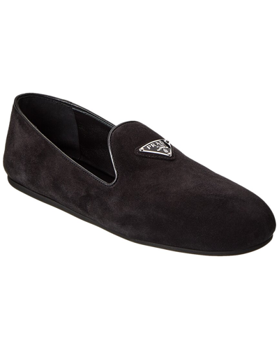 Shop Prada Logo Suede Loafer In Black