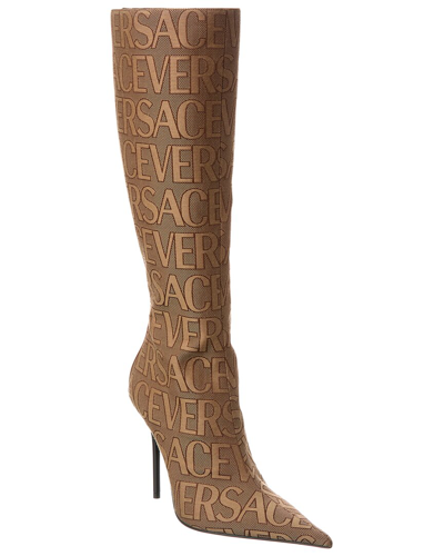 Shop Versace Allover Canvas & Leather Knee-high Boot In Brown