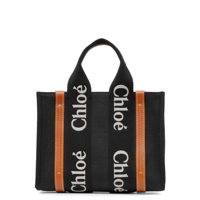 Shop Chloé Woody Small Black Canvas Tote Bag