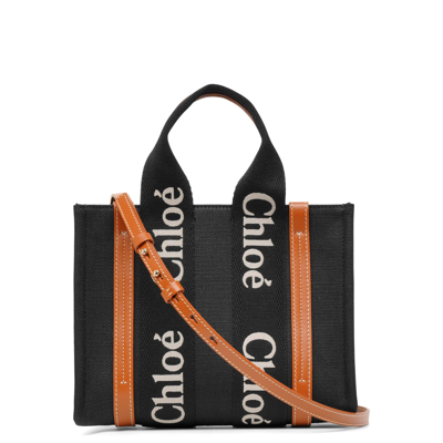 Shop Chloé Woody Small Black Canvas Tote Bag