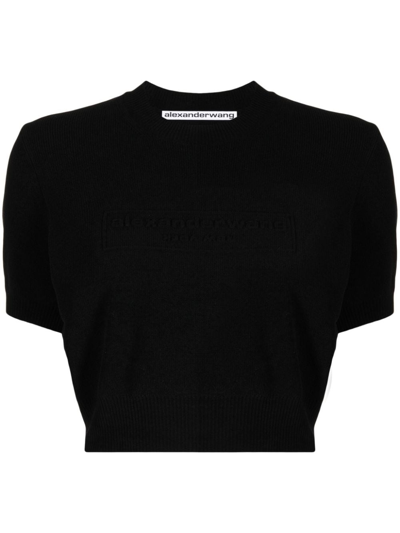 Shop Alexander Wang Logo-embossed Cropped Knitted Top In Black