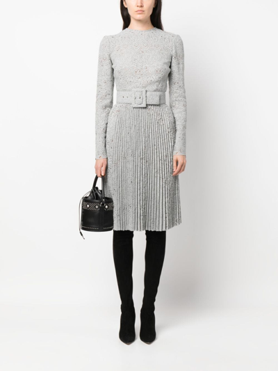 Shop Ermanno Scervino Pleated Guipure Lace Belted Dress In Grey