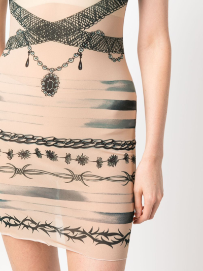 Shop Jean Paul Gaultier X Knwls Tattoo-print Sheer Minidress In Neutrals