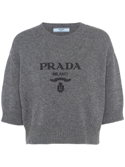 Shop Prada Logo-intarsia Cropped Wool Jumper In Grey