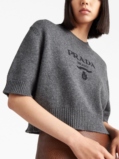 Shop Prada Logo-intarsia Cropped Wool Jumper In Grey