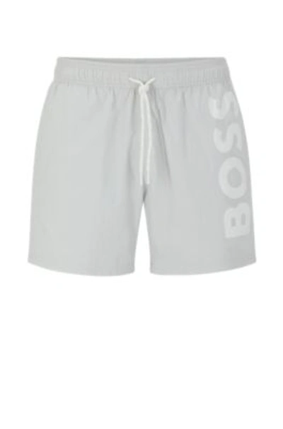 Shop Hugo Boss Quick-dry Swim Shorts With Large Logo Print In Light Grey