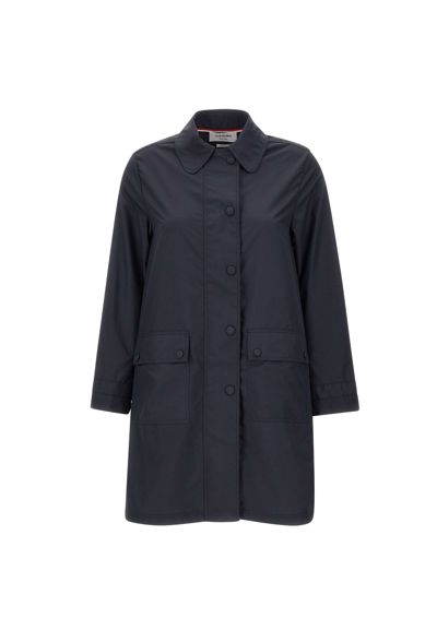 Shop Thom Browne Round Collar Overcoat Coat In Blue
