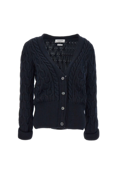 Shop Thom Browne Crisscross Cable Stitch Wool Cardigan In Blue