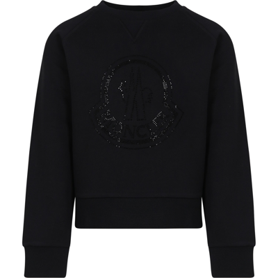 Shop Moncler Black Sweatshirt For Girl With Crystal Logo