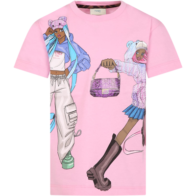 Shop Fendi Pink T-shirt For Girl With Print And Double Ff