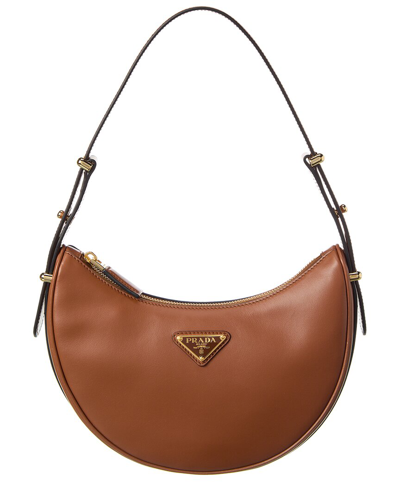 Shop Prada Logo Leather Hobo Bag In Brown
