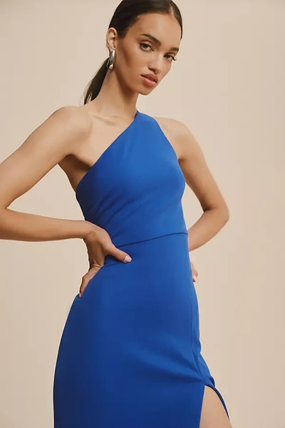 Shop Bhldn Hallie One-shoulder Stretch Crepe Maxi Gown In Blue