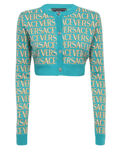 Shop Versace Allover Knit Cardigan In Blue