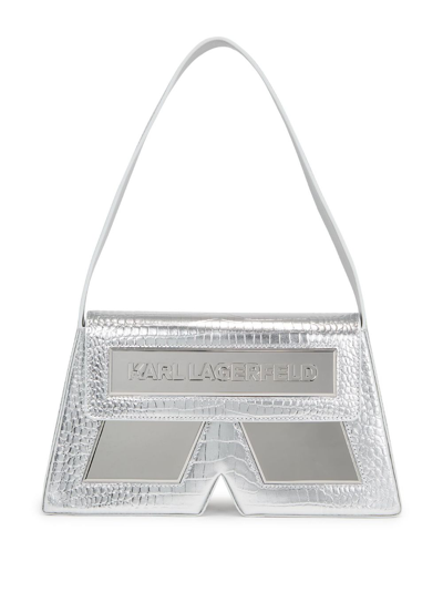 Shop Karl Lagerfeld Ikon/k Crocodile-effect Shoulder Bag In Silver