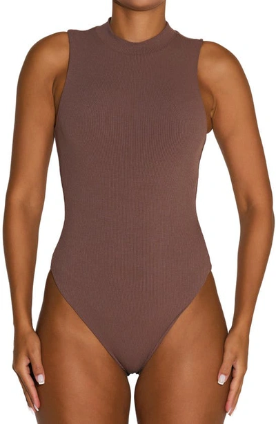 Shop Naked Wardrobe Sleeveless Ribbed Bodysuit In Taupe