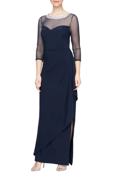 Shop Alex Evenings Embellished Illusion Neck Matte Jersey Gown In Navy