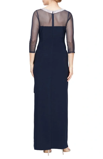 Shop Alex Evenings Embellished Illusion Neck Matte Jersey Gown In Navy