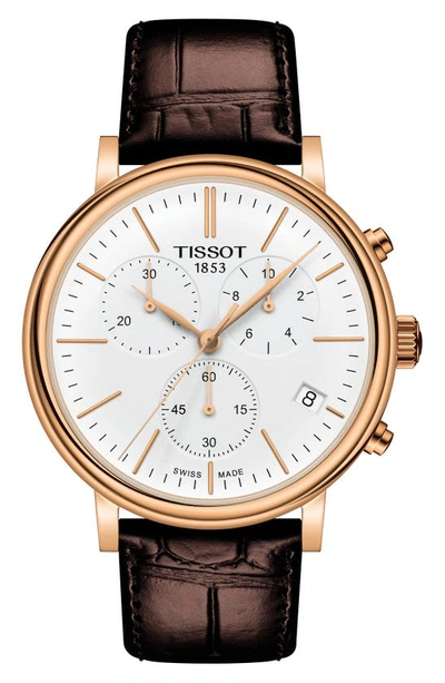 Shop Tissot Carson Premium Chronograph Leather Strap Watch, 41mm In Brown/ White/ Rose Gold