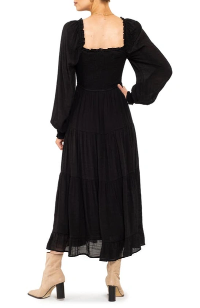 August Sky Smocked Long Sleeve Tiered Dress In Black