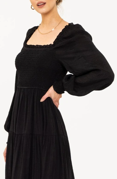 August Sky Smocked Long Sleeve Tiered Dress In Black