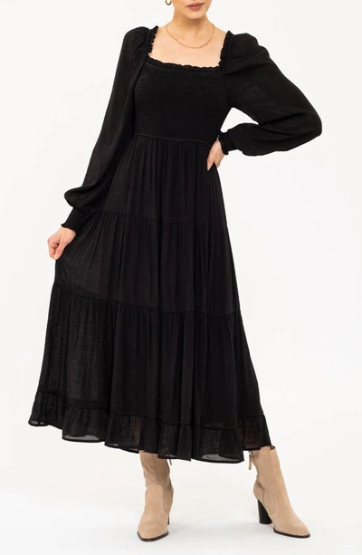 Shop August Sky Smocked Long Sleeve Tiered Dress In Black