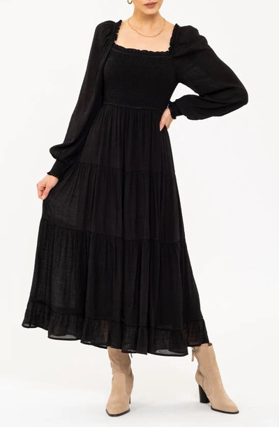 August Sky Smocked Long Sleeve Tiered Dress In Black