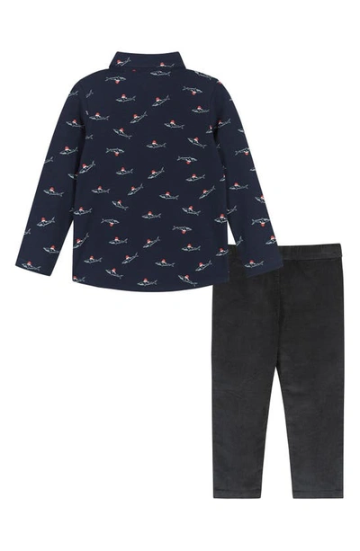 Shop Andy & Evan Santa Shark Print Shirt & Pants Set In Navy Sharks