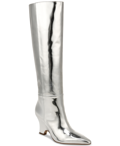 Shop Sam Edelman Women's Vance Sculpted Wedge Dress Boots In Soft Silver Liquid Metallic