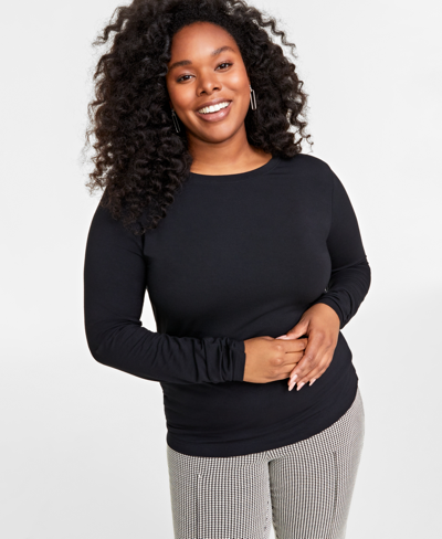 Shop On 34th Plus Size Solid Long-sleeve Crewneck Knit Top, Created For Macy's In Deep Black