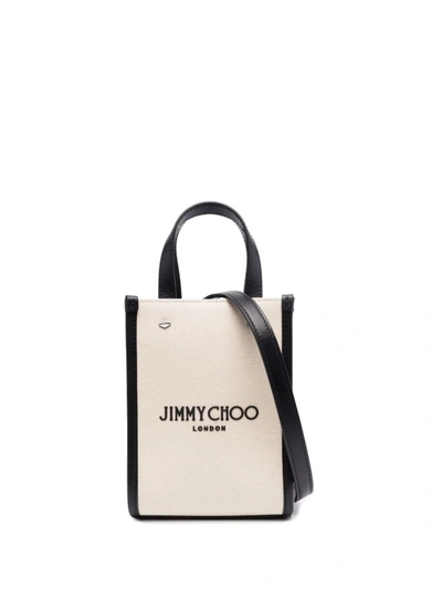 Shop Jimmy Choo Mini N/s Tote Canvas Shopping Bag In Beige