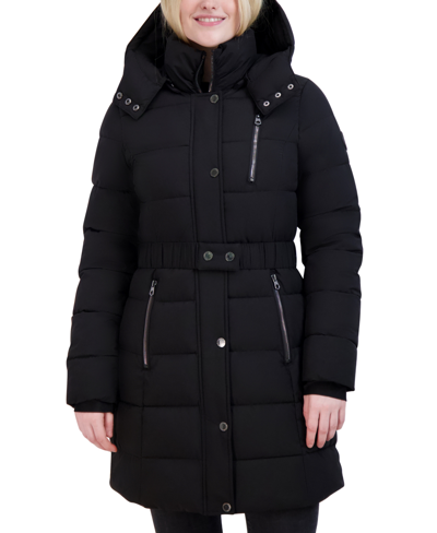 Shop Nautica Women's Belted Hooded Puffer Coat In Black