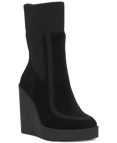 Shop Jessica Simpson Madwen Wedge Heel Sock Booties Women's Shoes In Black Leather/textile