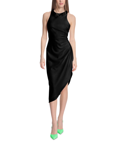Shop Donna Morgan Women's Side-ruched Asymmetric Midi Dress In Black
