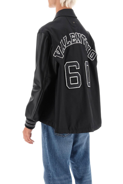 Shop Valentino Varsity Jacket With Leather Sleeves In Black