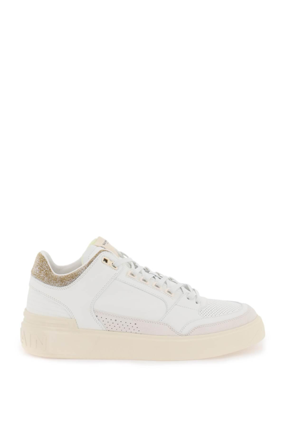Shop Balmain 'b Court' Mid Top Sneakers In White,beige