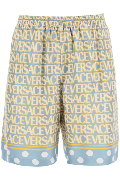 Shop Versace Allover Silk Shorts In Light Blue,yellow,white