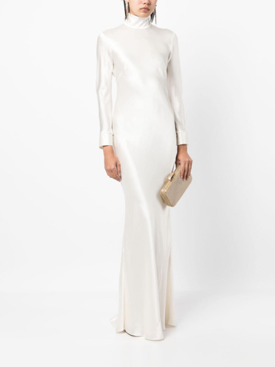 Shop Michelle Mason Open-back Long-sleeve Gown Dress In White