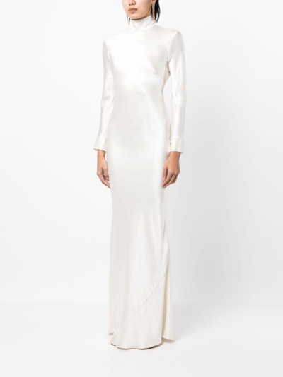 Shop Michelle Mason Open-back Long-sleeve Gown Dress In White